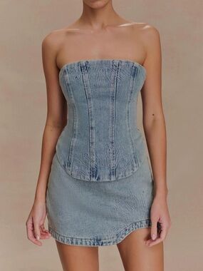 Meshki Light Vintage Embroidered Denim Corset Top Only